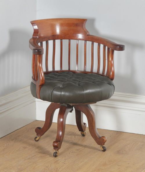Antique English Victorian Mahogany & Dark Green Leather Revolving Office Desk Arm Chair (Circa 1880)