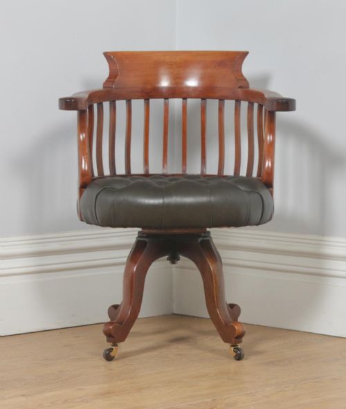 fig 1. Antique English Victorian Mahogany & Dark Green Leather Revolving Office Desk Arm Chair (Circa 1880)
