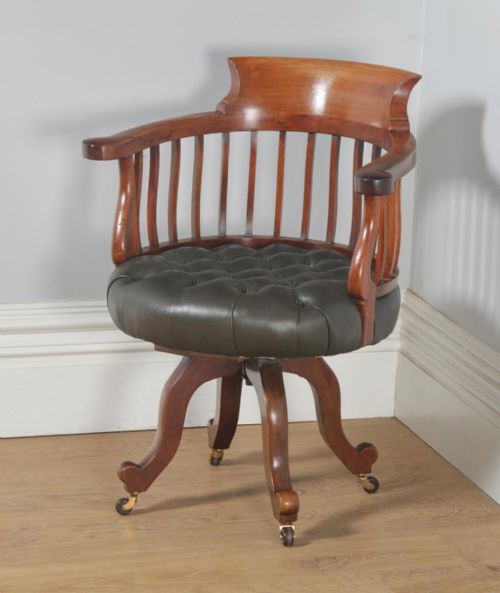 fig 2. Antique English Victorian Mahogany & Dark Green Leather Revolving Office Desk Arm Chair (Circa 1880)