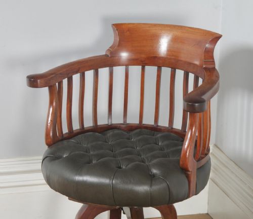 fig 3. Antique English Victorian Mahogany & Dark Green Leather Revolving Office Desk Arm Chair (Circa 1880)