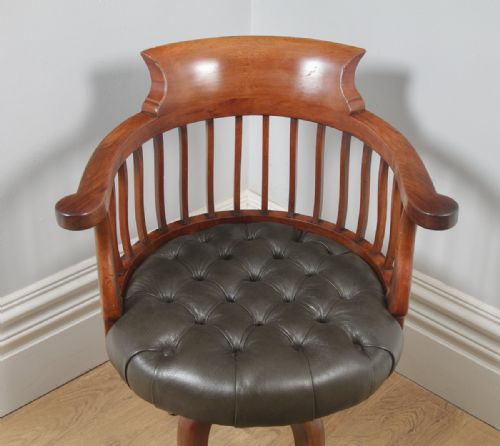 fig 4. Antique English Victorian Mahogany & Dark Green Leather Revolving Office Desk Arm Chair (Circa 1880)