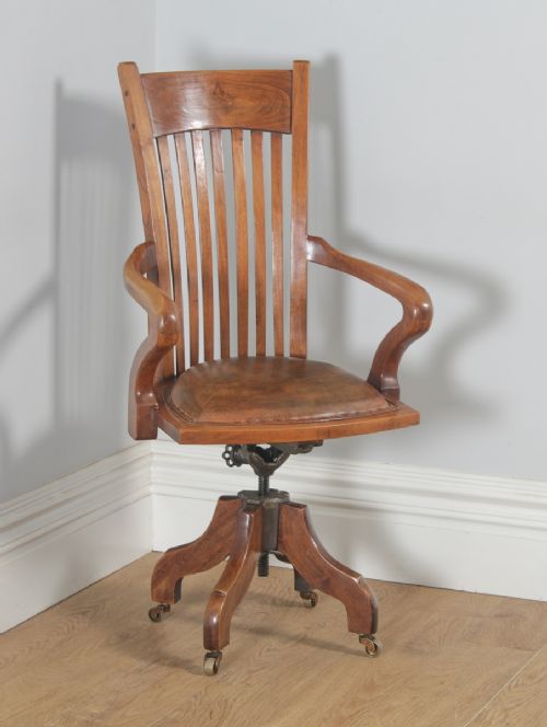 Antique English Edwardian Walnut & Tan Brown Leather Revolving Office Desk Arm Chair (Circa 1910)
