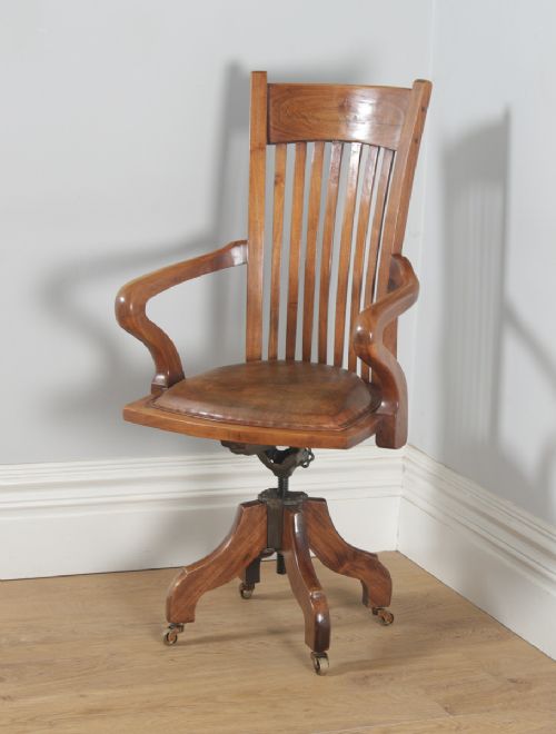fig 2. Antique English Edwardian Walnut & Tan Brown Leather Revolving Office Desk Arm Chair (Circa 1910)