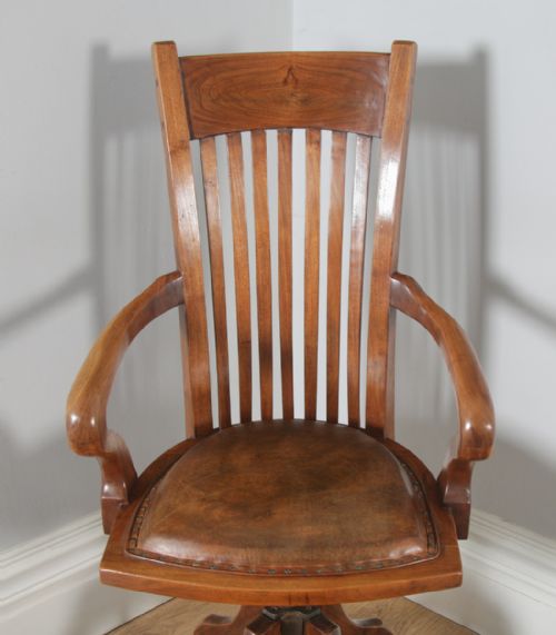 fig 3. Antique English Edwardian Walnut & Tan Brown Leather Revolving Office Desk Arm Chair (Circa 1910)