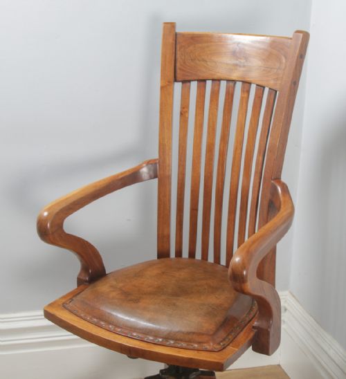 fig 4. Antique English Edwardian Walnut & Tan Brown Leather Revolving Office Desk Arm Chair (Circa 1910)