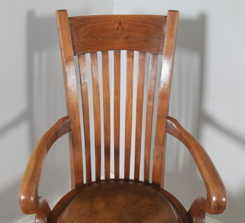 fig 6. Antique English Edwardian Walnut & Tan Brown Leather Revolving Office Desk Arm Chair (Circa 1910)