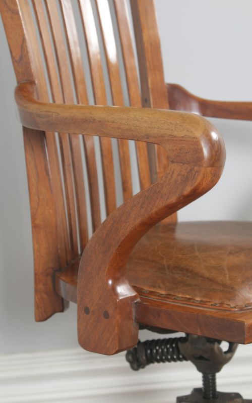 fig 7. Antique English Edwardian Walnut & Tan Brown Leather Revolving Office Desk Arm Chair (Circa 1910)