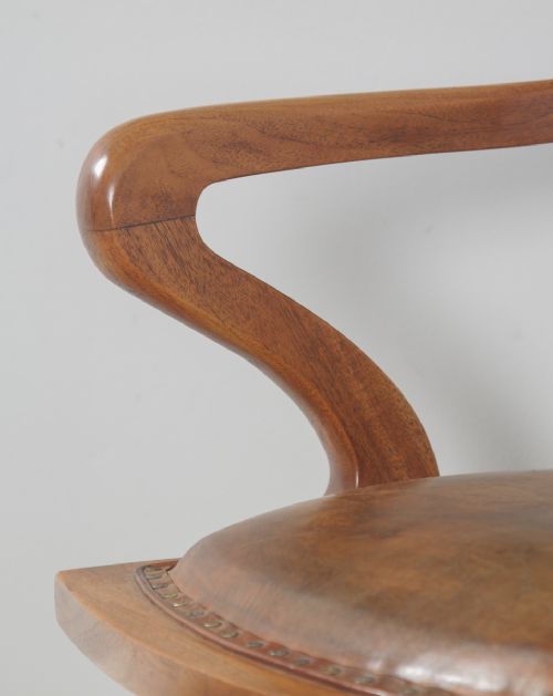 fig 8. Antique English Edwardian Walnut & Tan Brown Leather Revolving Office Desk Arm Chair (Circa 1910)