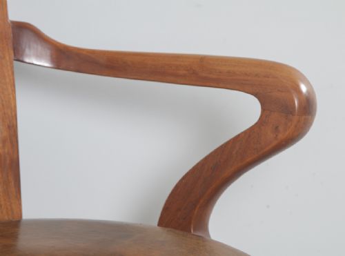 fig 9. Antique English Edwardian Walnut & Tan Brown Leather Revolving Office Desk Arm Chair (Circa 1910)