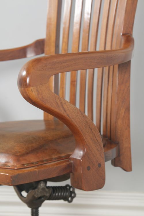 fig 10. Antique English Edwardian Walnut & Tan Brown Leather Revolving Office Desk Arm Chair (Circa 1910)