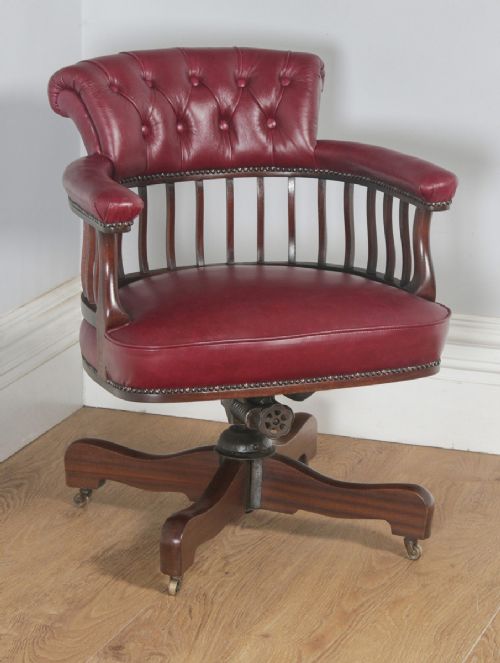 Antique English Edwardian Mahogany & Red Leather Revolving Office Desk Arm Chair (Circa 1900)