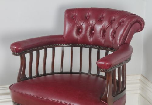 fig 1. Antique English Edwardian Mahogany & Red Leather Revolving Office Desk Arm Chair (Circa 1900)