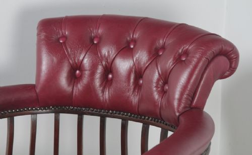 fig 2. Antique English Edwardian Mahogany & Red Leather Revolving Office Desk Arm Chair (Circa 1900)