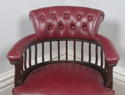 fig 3. Antique English Edwardian Mahogany & Red Leather Revolving Office Desk Arm Chair (Circa 1900)