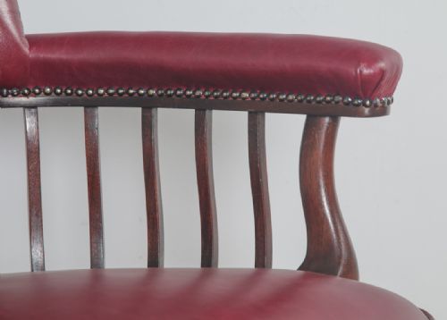 fig 4. Antique English Edwardian Mahogany & Red Leather Revolving Office Desk Arm Chair (Circa 1900)