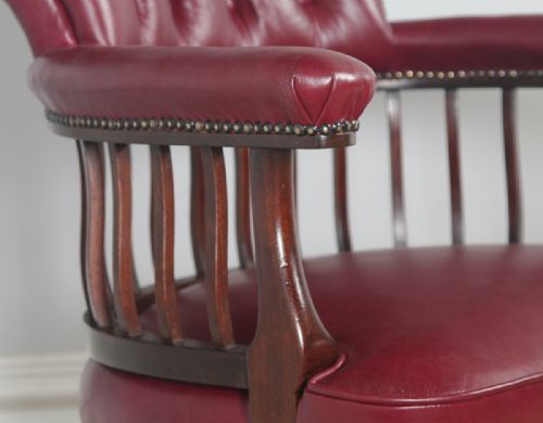 fig 5. Antique English Edwardian Mahogany & Red Leather Revolving Office Desk Arm Chair (Circa 1900)