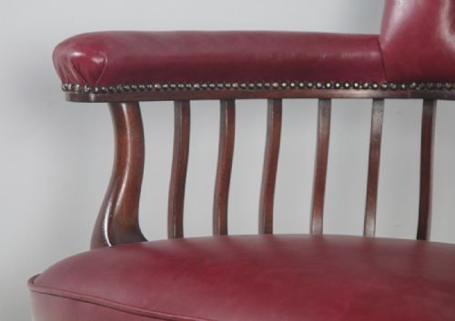 fig 6. Antique English Edwardian Mahogany & Red Leather Revolving Office Desk Arm Chair (Circa 1900)