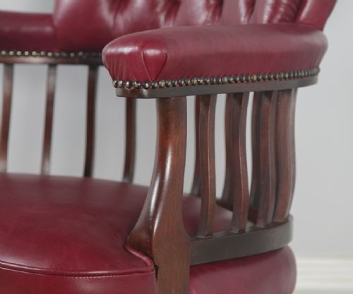 fig 7. Antique English Edwardian Mahogany & Red Leather Revolving Office Desk Arm Chair (Circa 1900)