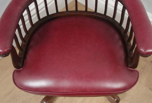 fig 8. Antique English Edwardian Mahogany & Red Leather Revolving Office Desk Arm Chair (Circa 1900)