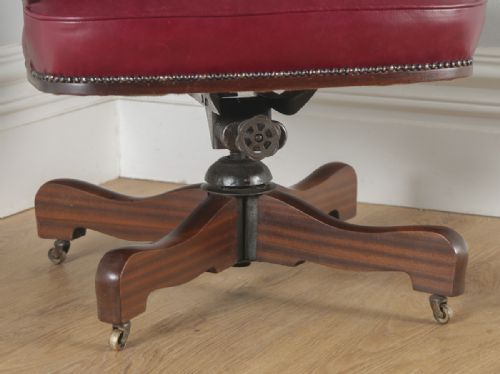 fig 10. Antique English Edwardian Mahogany & Red Leather Revolving Office Desk Arm Chair (Circa 1900)