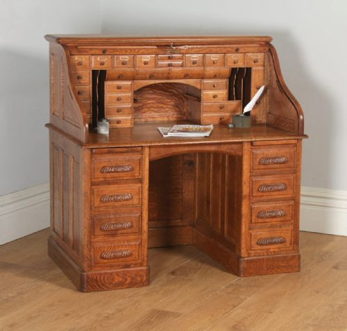 Antique English Edwardian 4ft 2” Oak Roll Top Pedestal Office Writing Desk (Circa 1910)