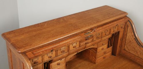 fig 1. Antique English Edwardian 4ft 2” Oak Roll Top Pedestal Office Writing Desk (Circa 1910)