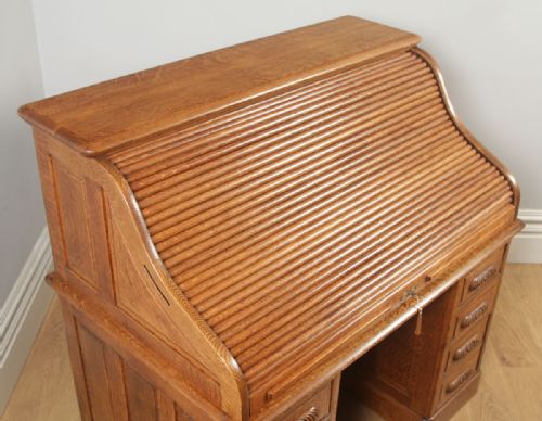 fig 2. Antique English Edwardian 4ft 2” Oak Roll Top Pedestal Office Writing Desk (Circa 1910)