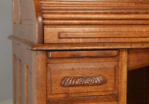 fig 3. Antique English Edwardian 4ft 2” Oak Roll Top Pedestal Office Writing Desk (Circa 1910)
