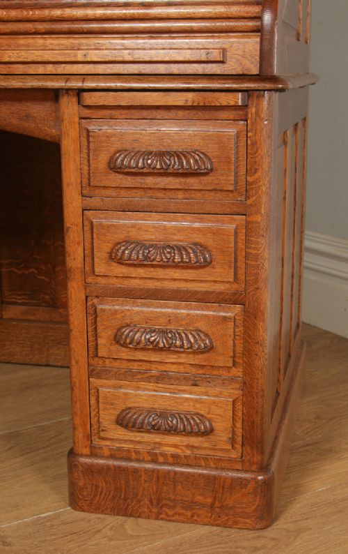 fig 5. Antique English Edwardian 4ft 2” Oak Roll Top Pedestal Office Writing Desk (Circa 1910)