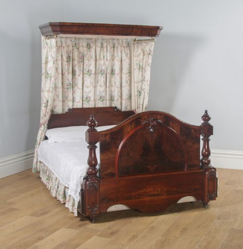 fig 1. Antique English Victorian Flame Mahogany 5ft King Size Half Tester Bed (Circa 1850)