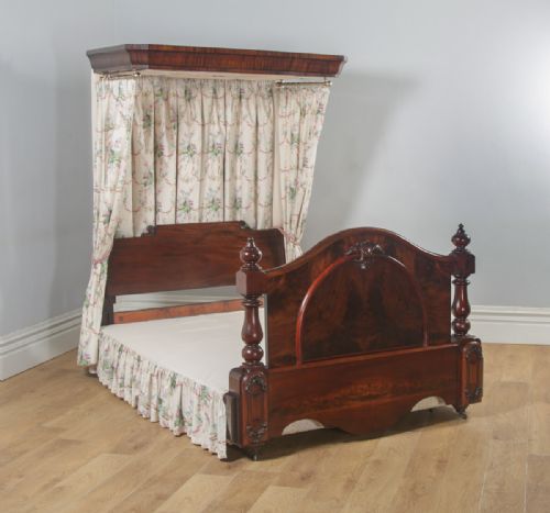 fig 3. Antique English Victorian Flame Mahogany 5ft King Size Half Tester Bed (Circa 1850)