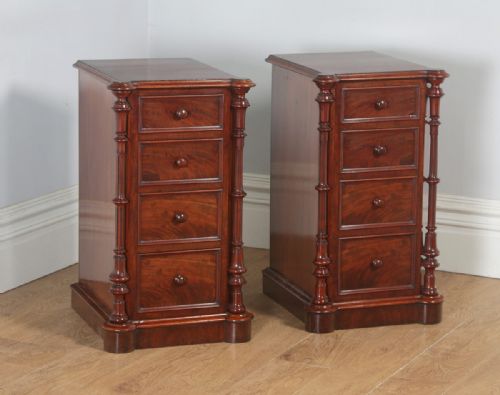 fig 1. Antique English Victorian Flame Mahogany Bedside Chests Nightstands (Circa 1850)