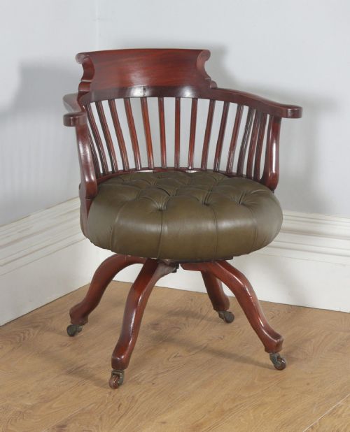 Antique English Victorian Mahogany & Green Leather Revolving Office Desk Arm Chair (Circa 1880)