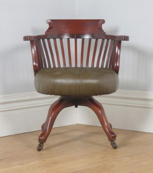 fig 1. Antique English Victorian Mahogany & Green Leather Revolving Office Desk Arm Chair (Circa 1880)