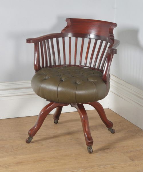 fig 2. Antique English Victorian Mahogany & Green Leather Revolving Office Desk Arm Chair (Circa 1880)