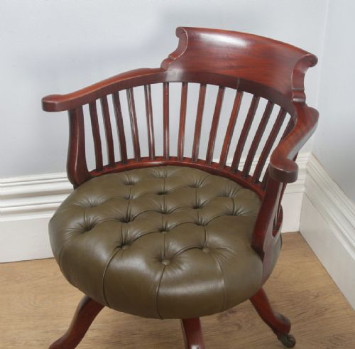 fig 3. Antique English Victorian Mahogany & Green Leather Revolving Office Desk Arm Chair (Circa 1880)