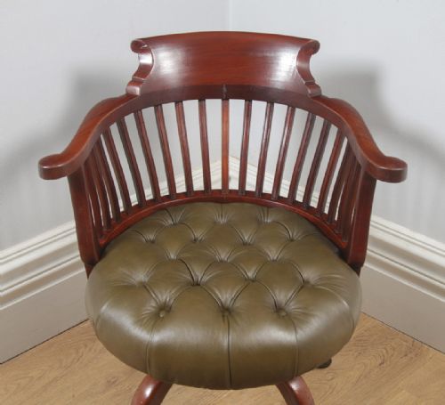 fig 4. Antique English Victorian Mahogany & Green Leather Revolving Office Desk Arm Chair (Circa 1880)