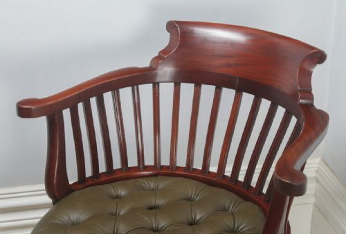 fig 5. Antique English Victorian Mahogany & Green Leather Revolving Office Desk Arm Chair (Circa 1880)