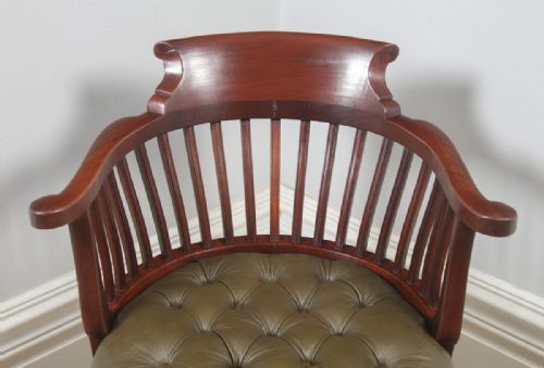 fig 6. Antique English Victorian Mahogany & Green Leather Revolving Office Desk Arm Chair (Circa 1880)