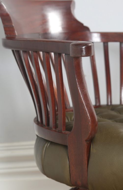 fig 8. Antique English Victorian Mahogany & Green Leather Revolving Office Desk Arm Chair (Circa 1880)