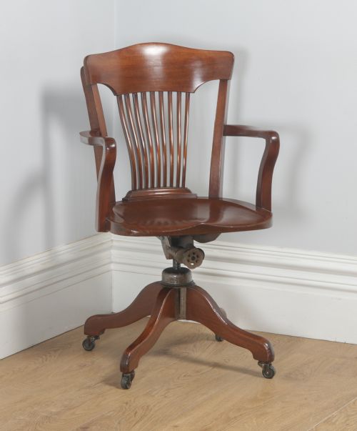 Antique English Edwardian Mahogany Revolving Office Desk Arm Chair (Circa 1910)