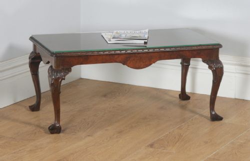 Antique English Queen Anne Style Carved Burr Walnut & Glass Rectangular Coffee Table (Circa 1920)