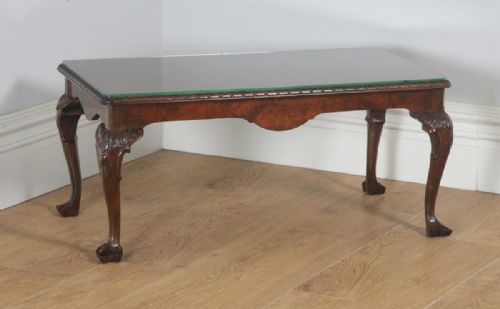 fig 1. Antique English Queen Anne Style Carved Burr Walnut & Glass Rectangular Coffee Table (Circa 1920)