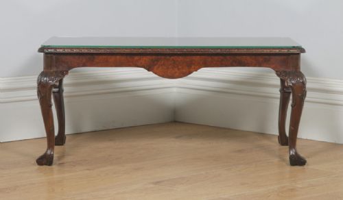 fig 2. Antique English Queen Anne Style Carved Burr Walnut & Glass Rectangular Coffee Table (Circa 1920)