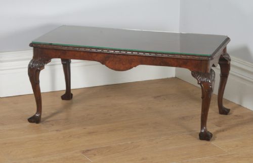 fig 3. Antique English Queen Anne Style Carved Burr Walnut & Glass Rectangular Coffee Table (Circa 1920)