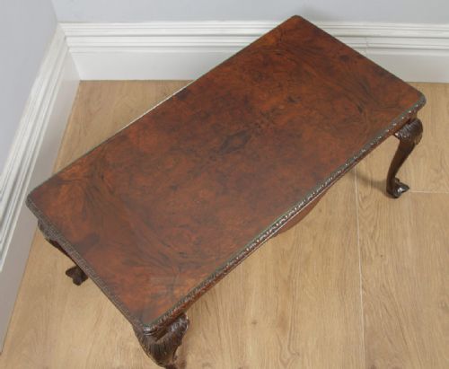 fig 4. Antique English Queen Anne Style Carved Burr Walnut & Glass Rectangular Coffee Table (Circa 1920)