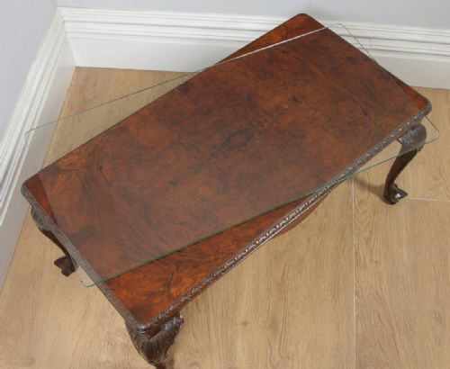 fig 5. Antique English Queen Anne Style Carved Burr Walnut & Glass Rectangular Coffee Table (Circa 1920)