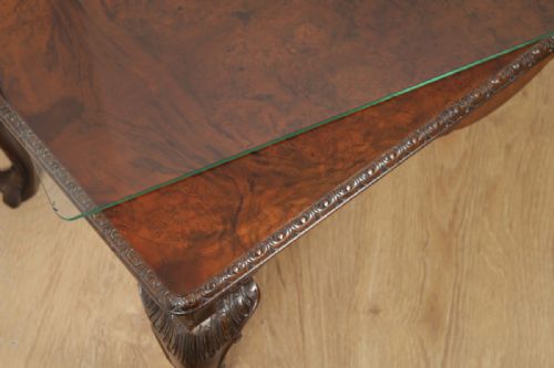 fig 6. Antique English Queen Anne Style Carved Burr Walnut & Glass Rectangular Coffee Table (Circa 1920)
