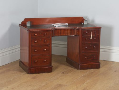 Antique Victorian Mahogany & Green Leather 4ft 6” Breakfront Knee Hole Office Pedestal Writing Desk (Circa 1870)