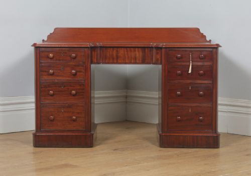 fig 1. Antique Victorian Mahogany & Green Leather 4ft 6” Breakfront Knee Hole Office Pedestal Writing Desk (Circa 1870)